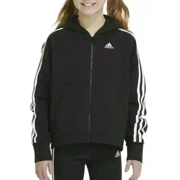 NWT Girls Adidas Zip Up Sweatshirt Hooded Fleece Black Size Medium 10/12 - Picture 2 of 8